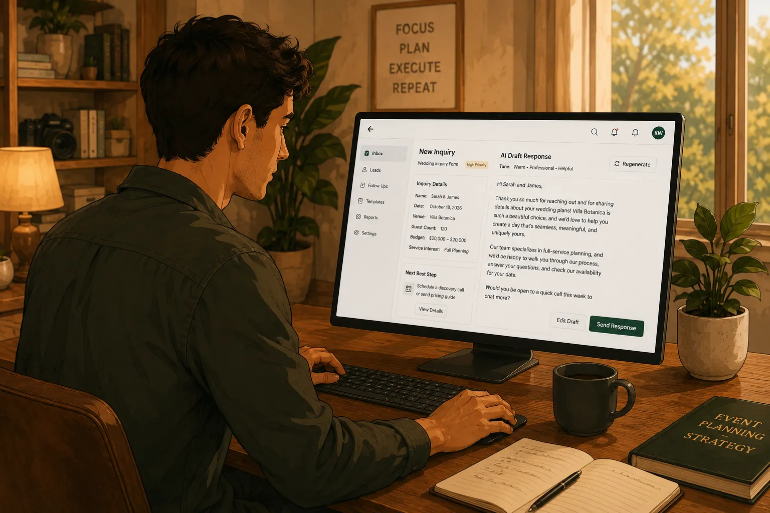 Wedding professional reviewing an AI draft response dashboard on a desktop monitor