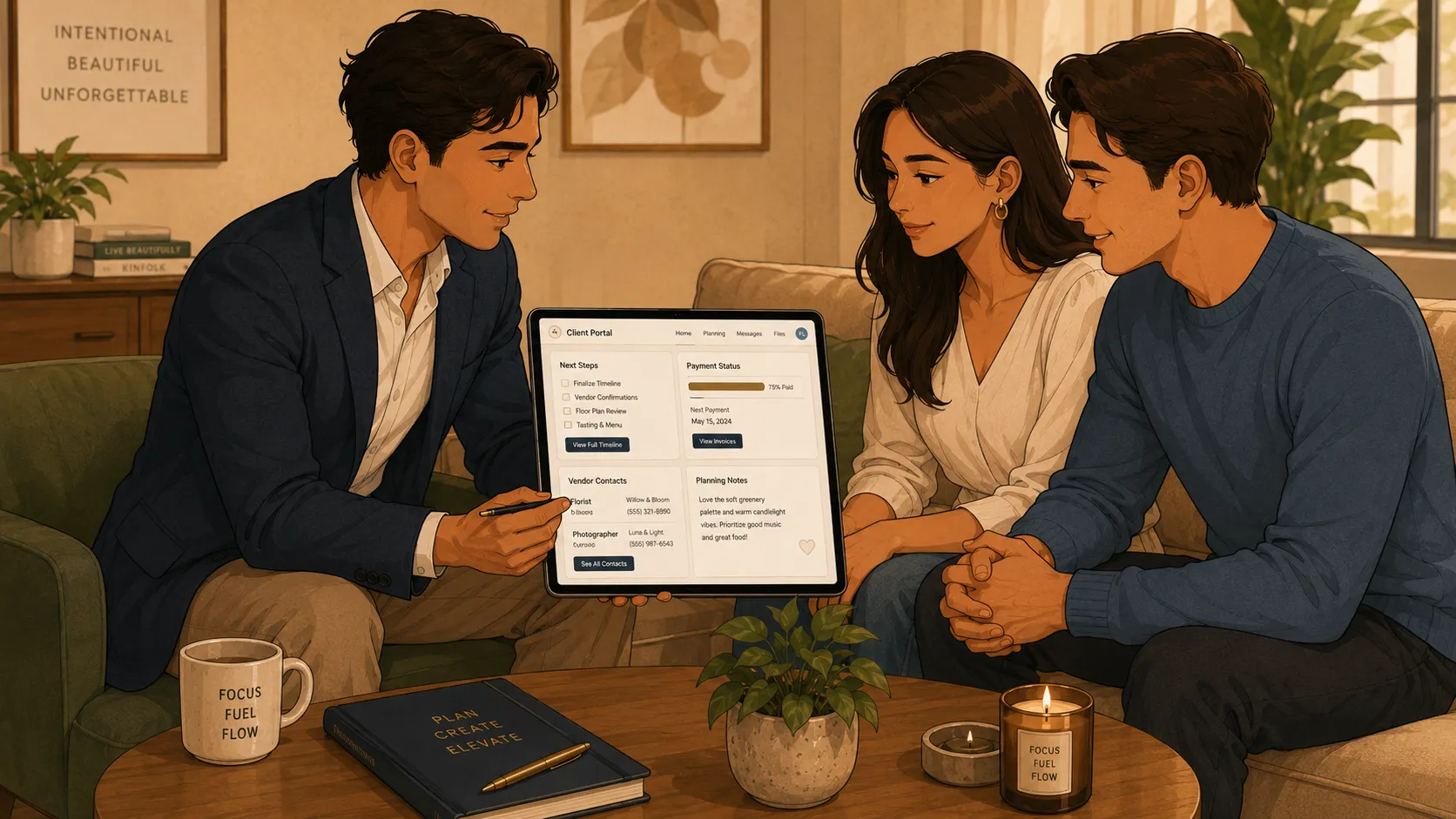 Wedding planner reviewing a client portal dashboard with a couple