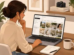 Wedding vendor reviewing an AI lookbook photo library on a laptop