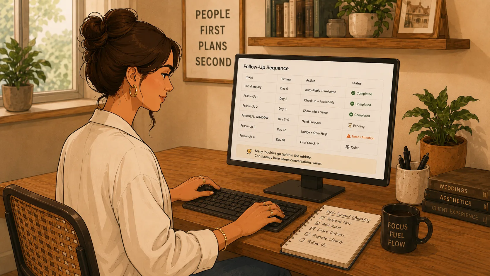 Wedding professional reviewing a follow-up sequence dashboard