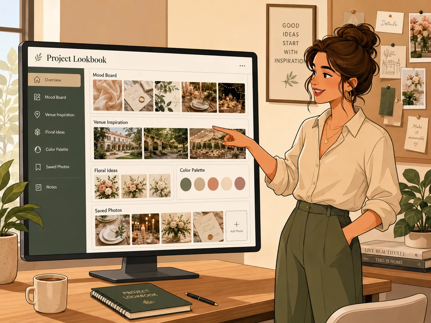 Wedding vendor presenting a Project Lookbook mood board with venue inspiration, floral ideas, and saved photos